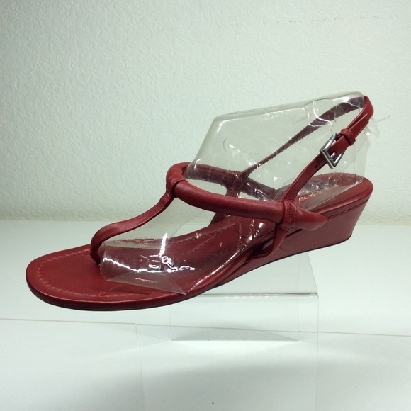 PRADA RED LEATHER WEDGE SANDALS - Picture 5 of 14